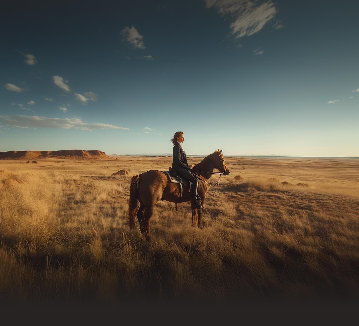 Rider on horseback in open plains at sunset